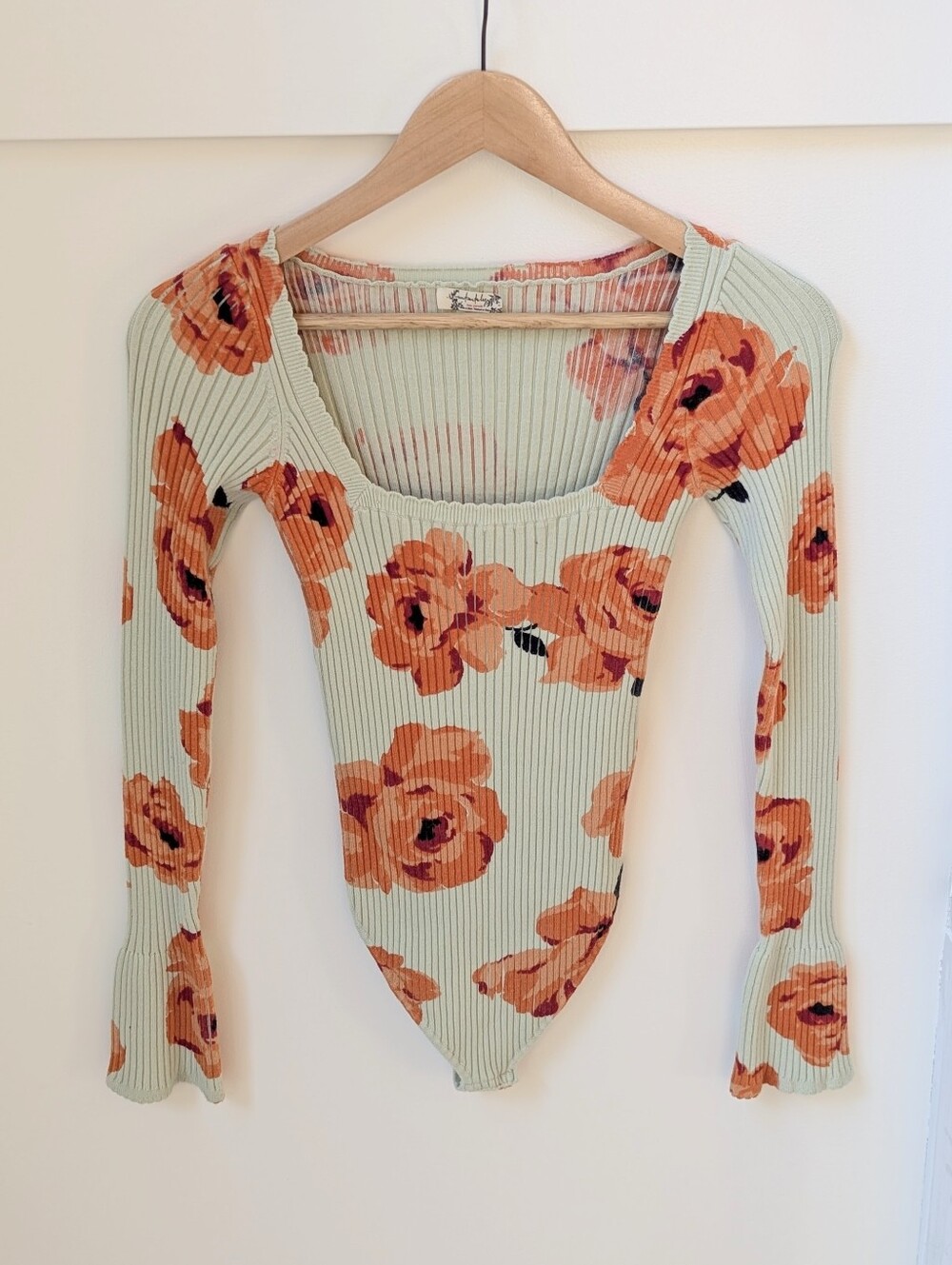 Free People Intimately Floral Ribbed Bodysuit - Mint with Orange Floral